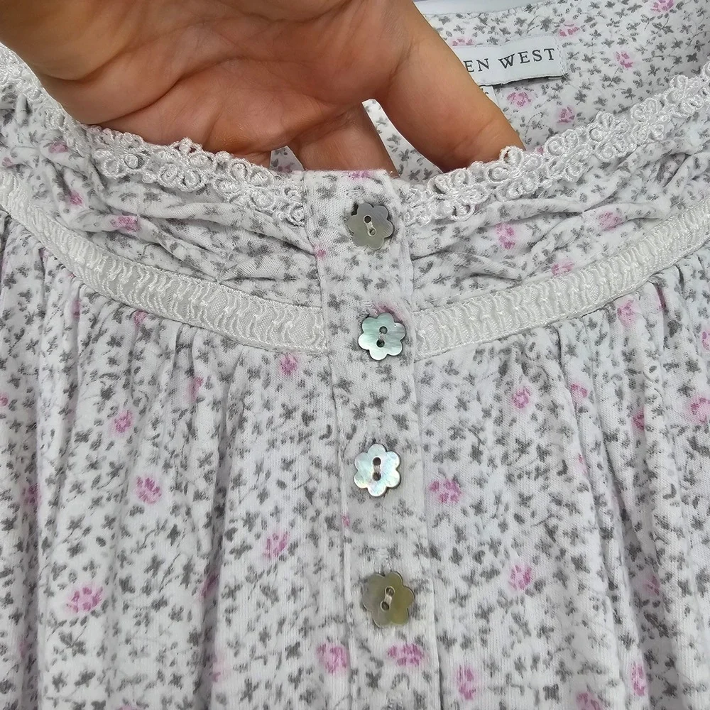 Eileen West Knit Nightgown 1X White Ditsy Floral Cottagecore Victorian LS Cotton